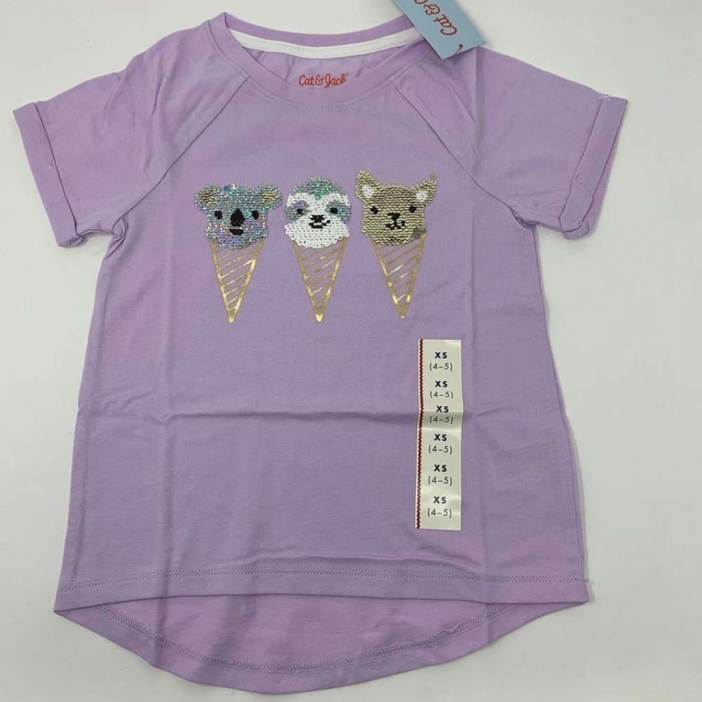 Cat & Jack Girls Animal Ice Cream Tee Shirt Lavender Size XS, SM, MD, LG - K21